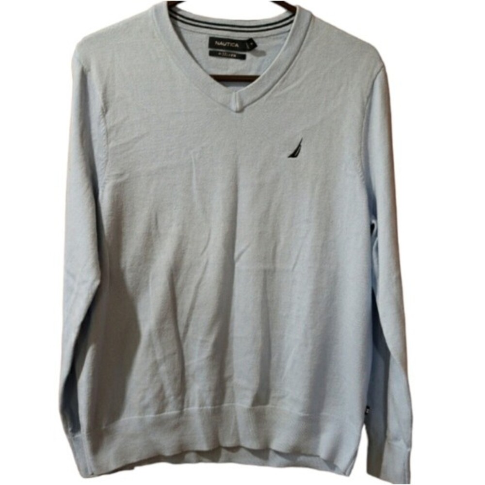 Nautica Navtech Light Blue V-Neck Pullover Sweater Classic Fit Cozy Style Medium